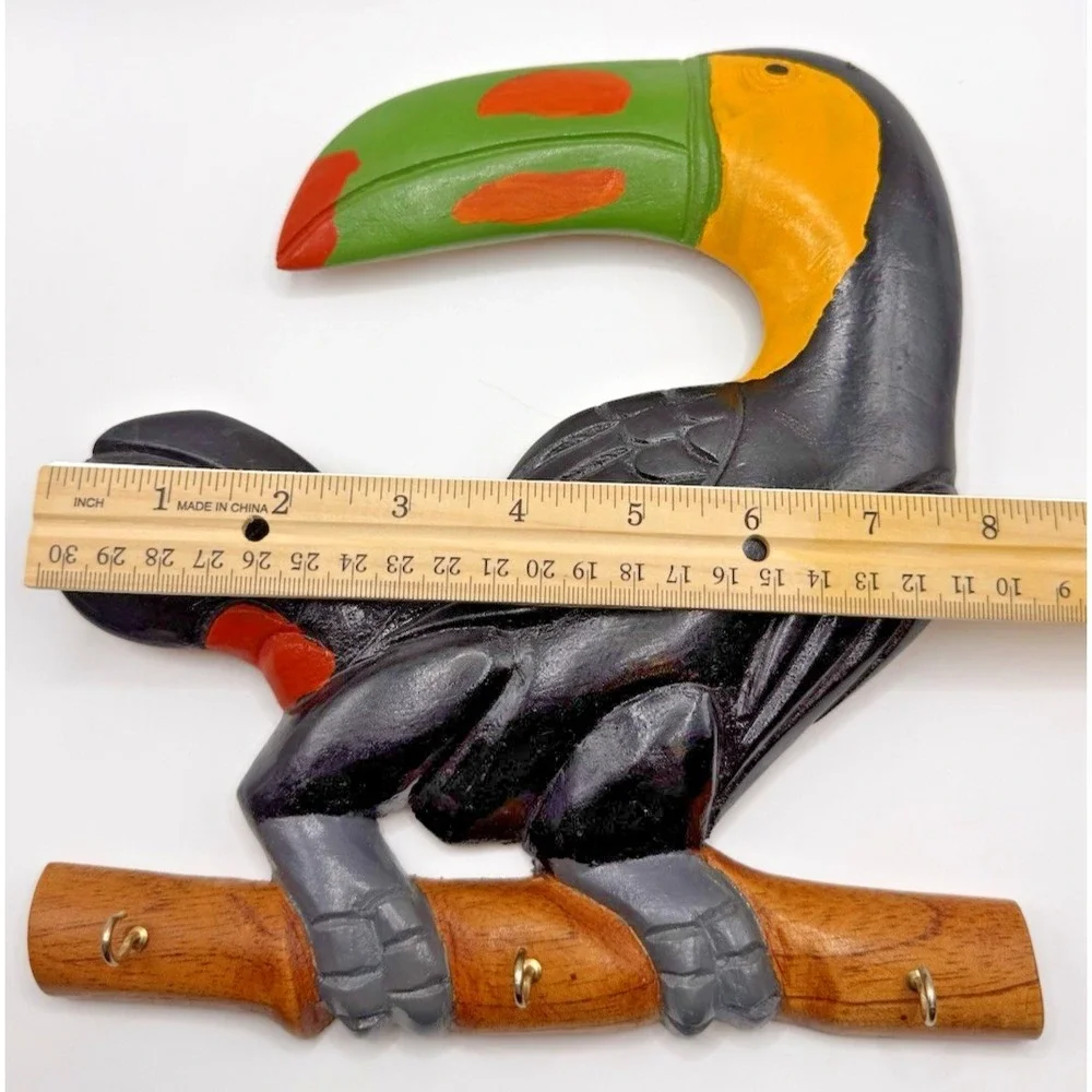 Wall Hook Key Holder Pair Toucan Hand Carved Wood‎ Panama Folk Art 3 Hooks